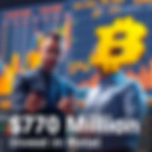 Two business professionals discussing Bitcoin investment with charts and graphs in the background