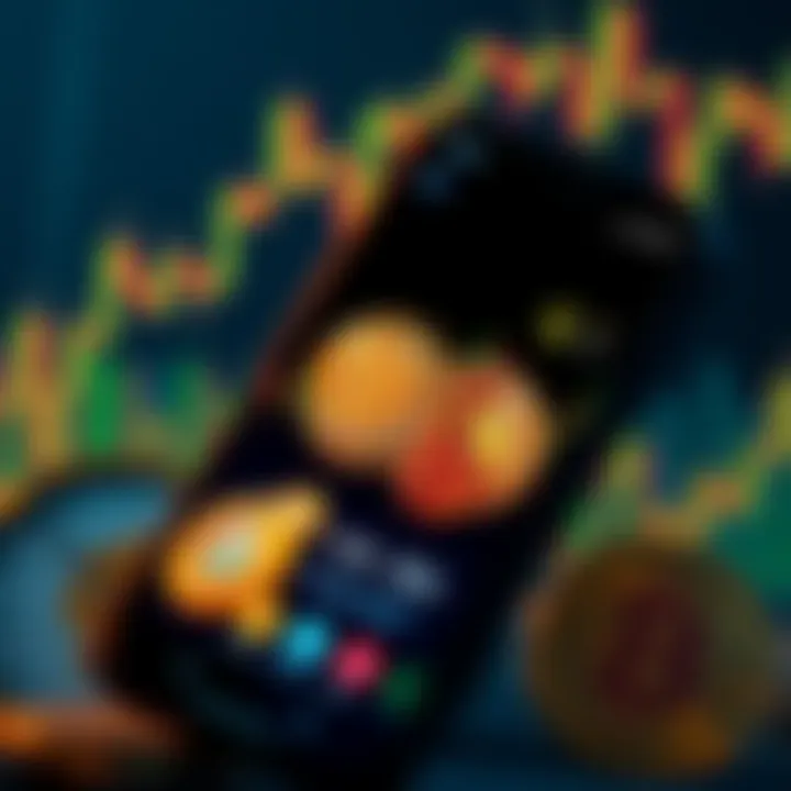 A smartphone screen displaying various Bitcoin investment apps with a graph showing rising prices in the background.