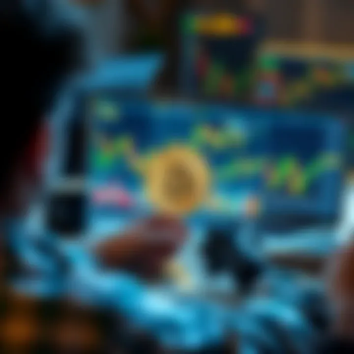 A person analyzing Bitcoin trends on a laptop, with financial charts and graphs displayed, capturing the essence of investment strategies in a thriving market.