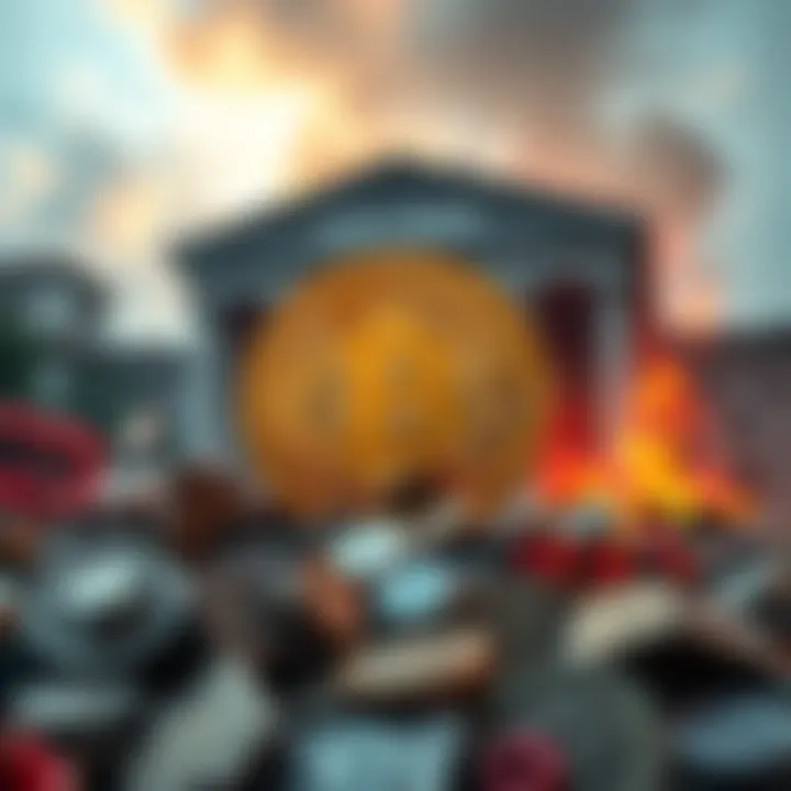 Bitcoin symbol with a background of a collapsed bank building, representing the impact on crypto investors.