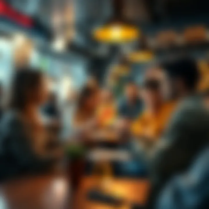 A group of young people discussing Bitcoin in a café, showing interest in cryptocurrency.