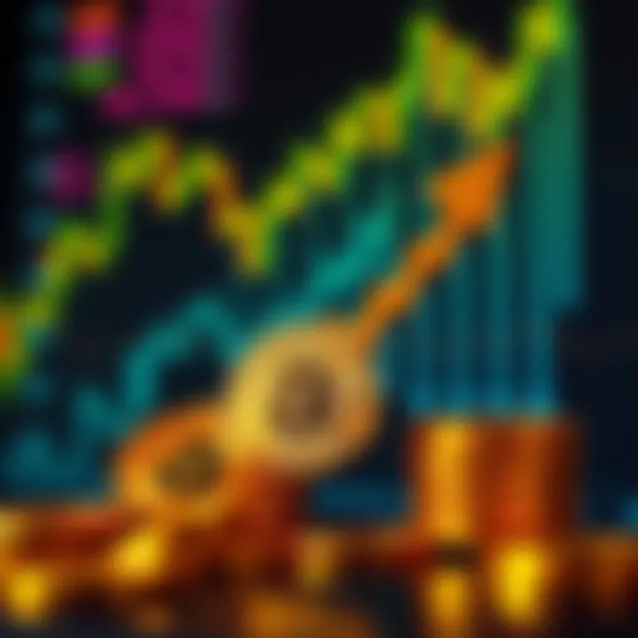 A graphic showing Bitcoin coins with an upward arrow, symbolizing potential growth in value. The background features a digital graph indicating a rise in prices.