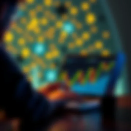 A person looking at a Bitcoin chart on a laptop with currency symbols in the background