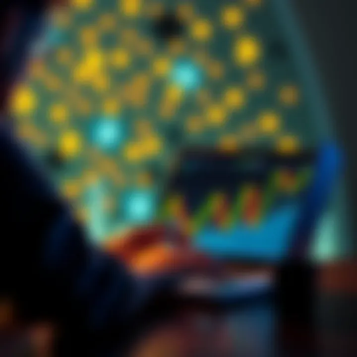 A person looking at a Bitcoin chart on a laptop with currency symbols in the background