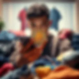 A person looking at a Bitcoin chart on a smartphone while surrounded by items like clothes and gadgets they decided not to buy