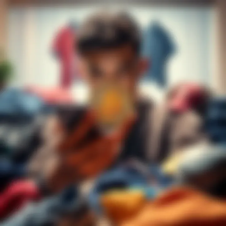 A person looking at a Bitcoin chart on a smartphone while surrounded by items like clothes and gadgets they decided not to buy