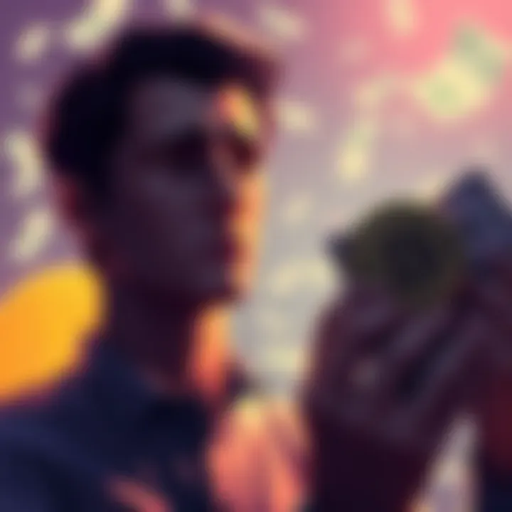 A person considering whether to cash out Bitcoin for fiat or hold it for future use, with a Bitcoin symbol and dollar bills in the background.