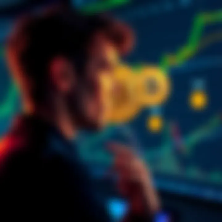 A person contemplating whether to invest in Bitcoin now or wait for a price drop, with Bitcoin symbols and market charts in the background.