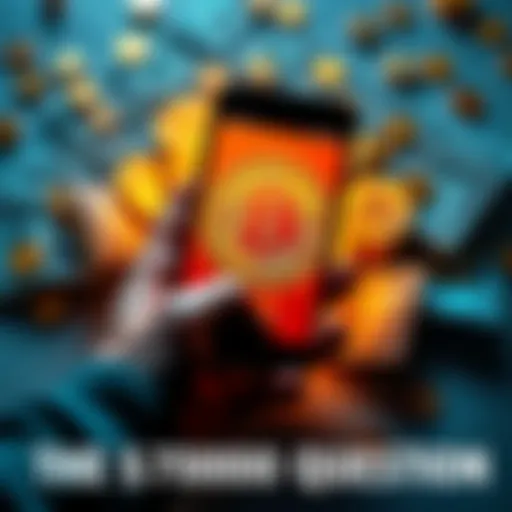 A person holding a smartphone displaying a Bitcoin graph, surrounded by dollar bills and coins, symbolizing investment interest in cryptocurrency.