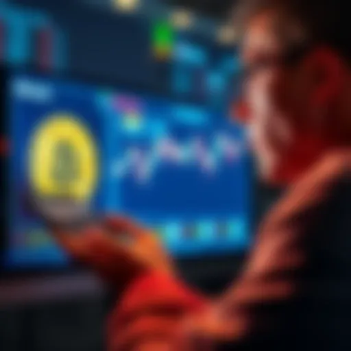 Bitcoin Investment Concept A person looking at a screen displaying Bitcoin prices with a calculator, symbolizing investment in cryptocurrency.