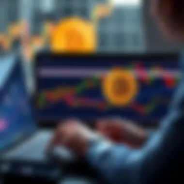 A person analyzing Bitcoin prices on a laptop with financial charts and a Bitcoin symbol in the background