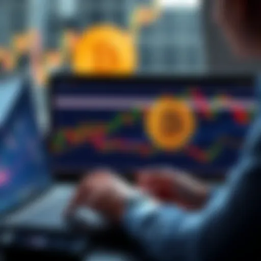 A person analyzing Bitcoin prices on a laptop with financial charts and a Bitcoin symbol in the background