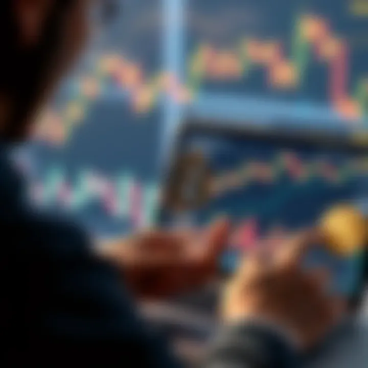 A person holding a Bitcoin symbol with a background of financial graphs and a laptop showing cryptocurrency data.
