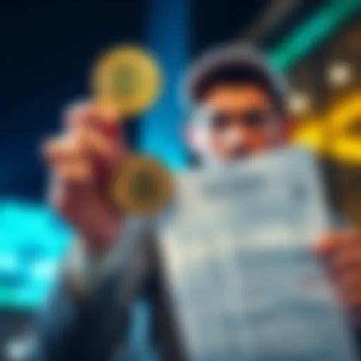 Bitcoin investment concept A person holding a Bitcoin in one hand and a bank statement in the other, looking concerned about bank fees