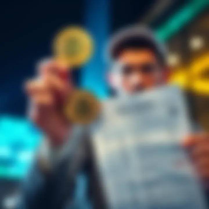 Bitcoin investment concept A person holding a Bitcoin in one hand and a bank statement in the other, looking concerned about bank fees
