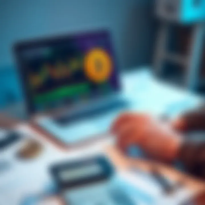 A person analyzing a Bitcoin chart on a laptop with financial documents and a calculator on the table, symbolizing investment decisions.