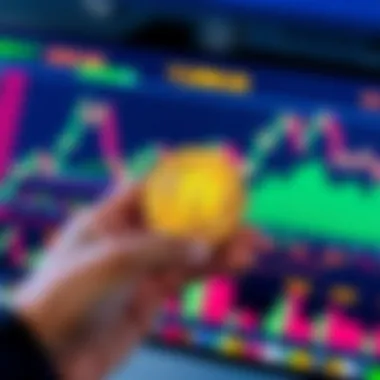 Bitcoin investment concept A close-up of a person's hand holding a gold Bitcoin in front of a stock market screen displaying fluctuating graphs and prices