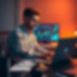 Bitcoin Investment Concept A young investor considering dollar-cost averaging into Bitcoin with a laptop and financial graphs on a desk.