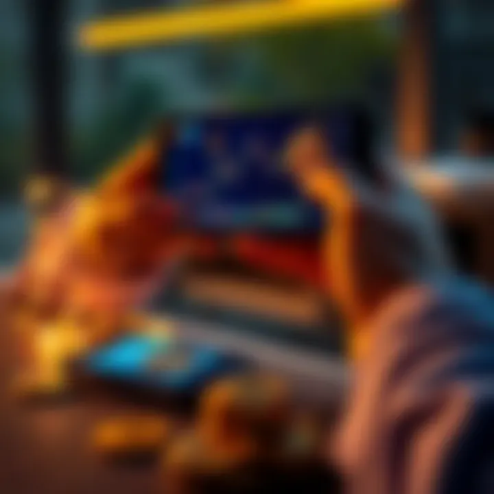 A person contemplating investment in Bitcoin, holding a smartphone displaying a Bitcoin chart and coins on a table.