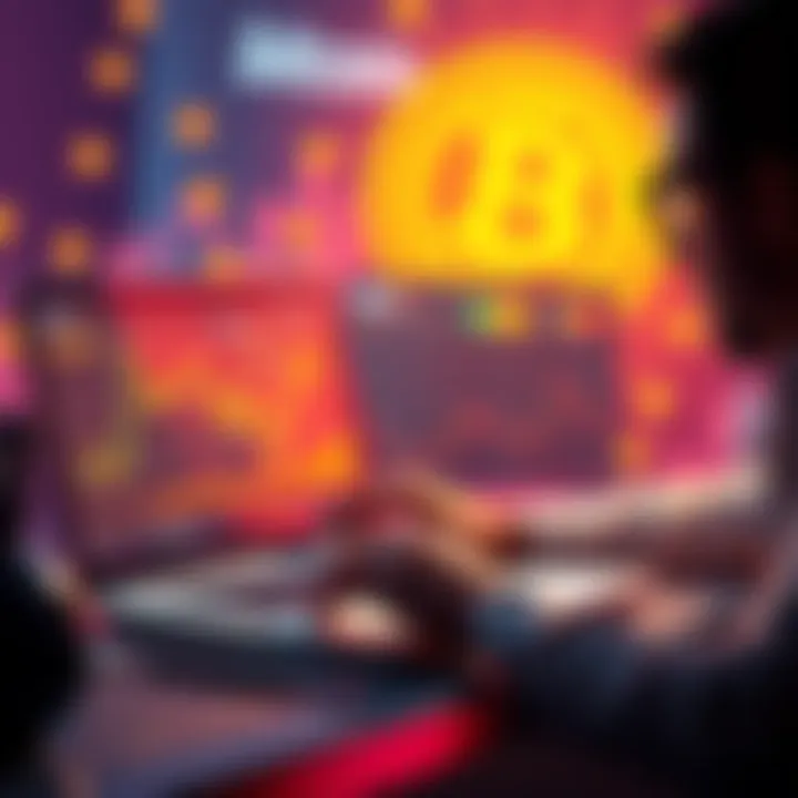 A person analyzing Bitcoin trends on a laptop with cryptocurrency icons in the background