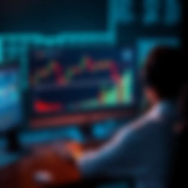 A person sitting in front of a computer with a Bitcoin chart on the screen, showing rising and falling values, symbolizing the risk and potential of Bitcoin investment.