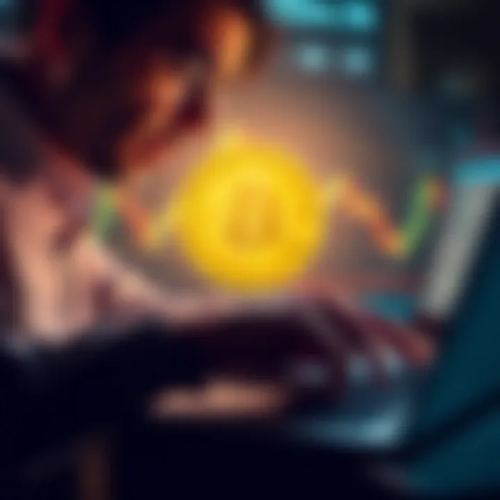 Bitcoin Investment Concerns A person looking at a Bitcoin price chart on a laptop, showing fluctuations in value with worried expressions.