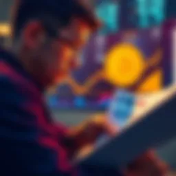 A person looking at Bitcoin charts and financial documents, thinking about investing cash