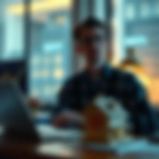 Individual looking at a laptop with Bitcoin charts and a house model on the table, weighing financial options