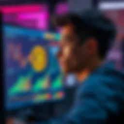 Young person thinking about Bitcoin investment A 23-year-old looking at a computer screen displaying Bitcoin charts and graphs, contemplating investment options.