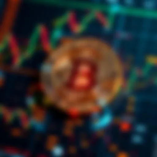 A digital representation of Bitcoin with fluctuating graphs and financial symbols, illustrating investment challenges and trading strategies.