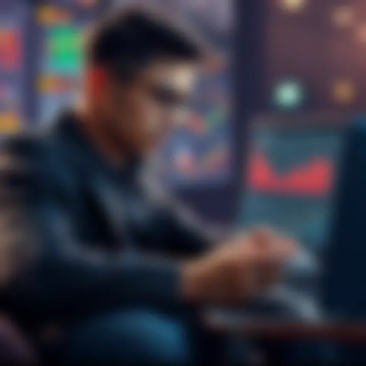 A small-time investor contemplating Bitcoin investment after a price dip, with a laptop showing Bitcoin charts and a notepad for notes.