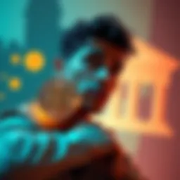 A person contemplating investing in Bitcoin versus a savings account, with graphics of Bitcoin and a bank symbol.
