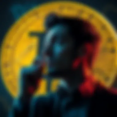 Person pondering whether to buy more Bitcoin or hold existing coins, with a Bitcoin symbol in the background.