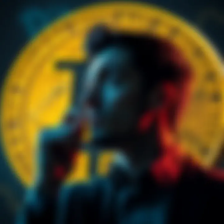 Person pondering whether to buy more Bitcoin or hold existing coins, with a Bitcoin symbol in the background.