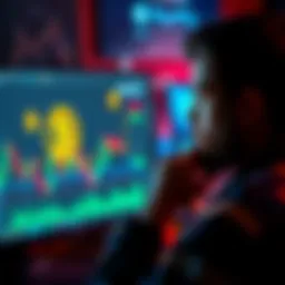 A person contemplating their Bitcoin investment while looking at a computer screen with graphs and Bitcoin symbols.