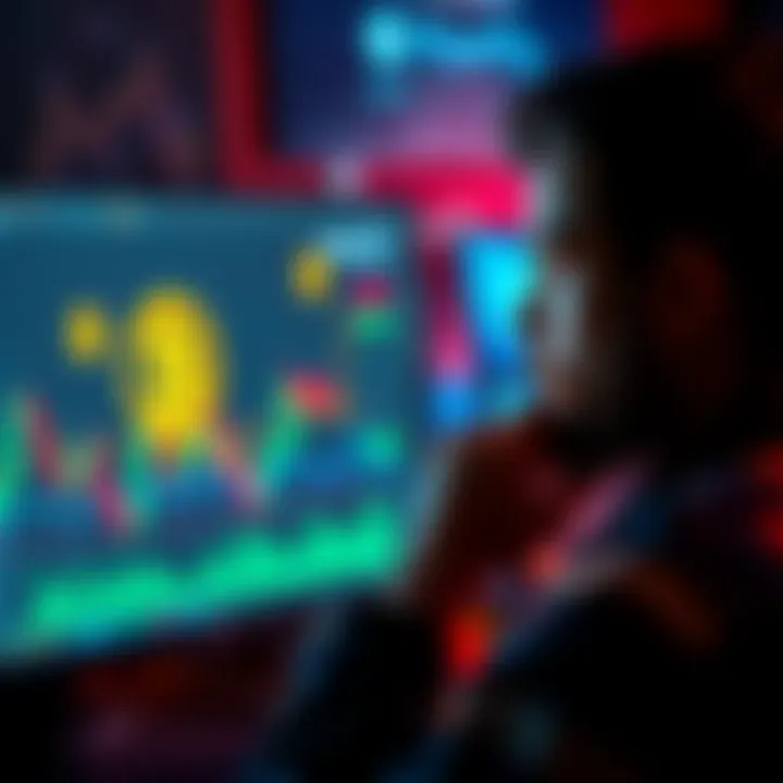 A person contemplating their Bitcoin investment while looking at a computer screen with graphs and Bitcoin symbols.