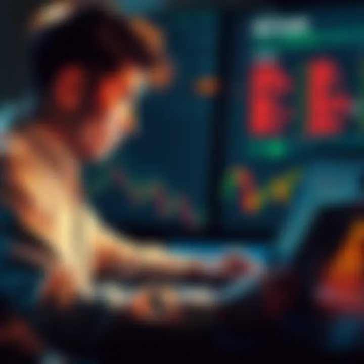 A person looking at a chart on a laptop, contemplating selling Bitcoin at a high price while considering market trends.