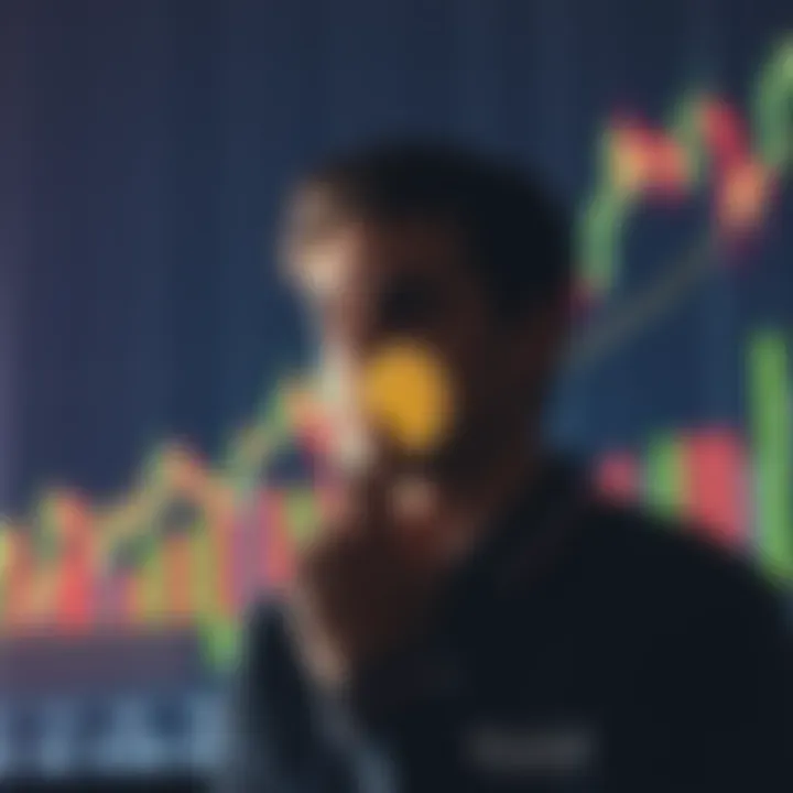 A person contemplating whether to sell or hold their Bitcoin investment, with a fluctuating graph showing Bitcoin prices in the background.