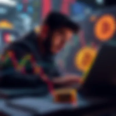 A person contemplating investing in Bitcoin, looking at market graphs and financial data on a laptop.