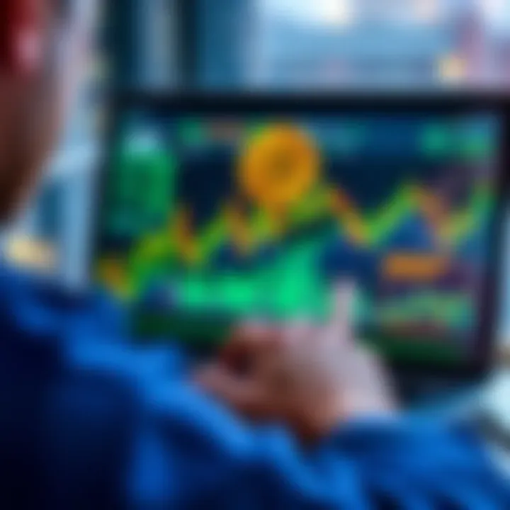 A person analyzing Bitcoin trends on a laptop with charts and graphs on the screen