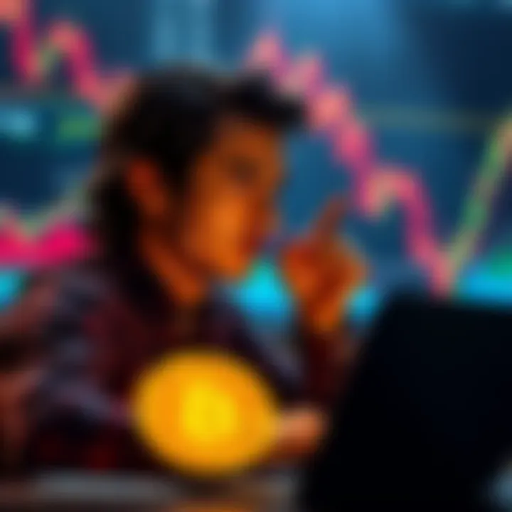 A person contemplating investing in Bitcoin with a laptop and charts in the background