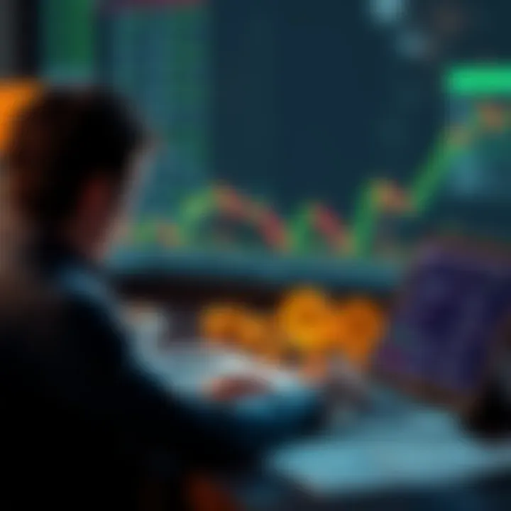 A person looking at a Bitcoin chart while contemplating an investment decision, with a laptop and financial documents on a table