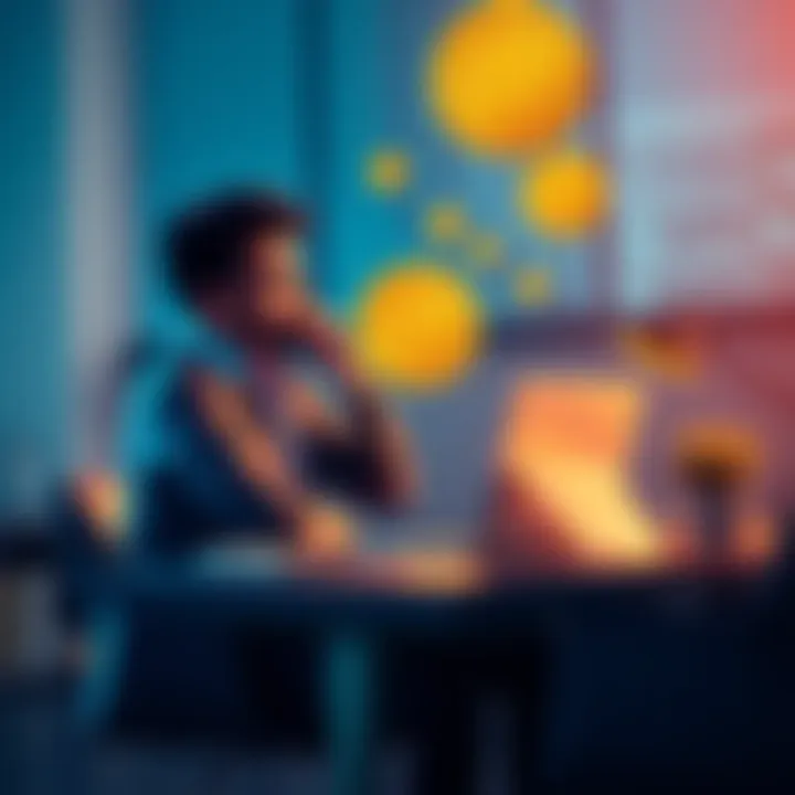 A person sitting at a desk with a laptop, contemplating whether to buy Bitcoin now or wait for a market crash, with Bitcoin symbols around.