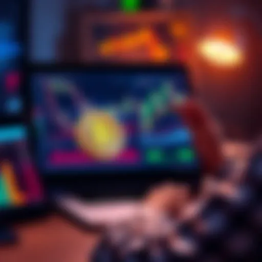 Bitcoin Investment Decisions A person examining bitcoin charts on a laptop with financial graphs displayed, contemplating investment choices.