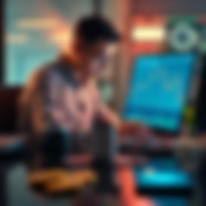 A person sitting at a desk looking worried while checking Bitcoin prices on a laptop, with charts showing a decline on the screen, symbolizing financial stress due to unexpected expenses.