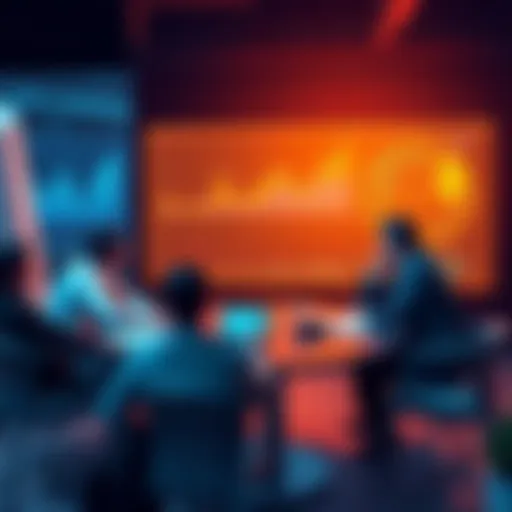 A group of people sitting around a table discussing Bitcoin investment strategies with charts and graphs on display.