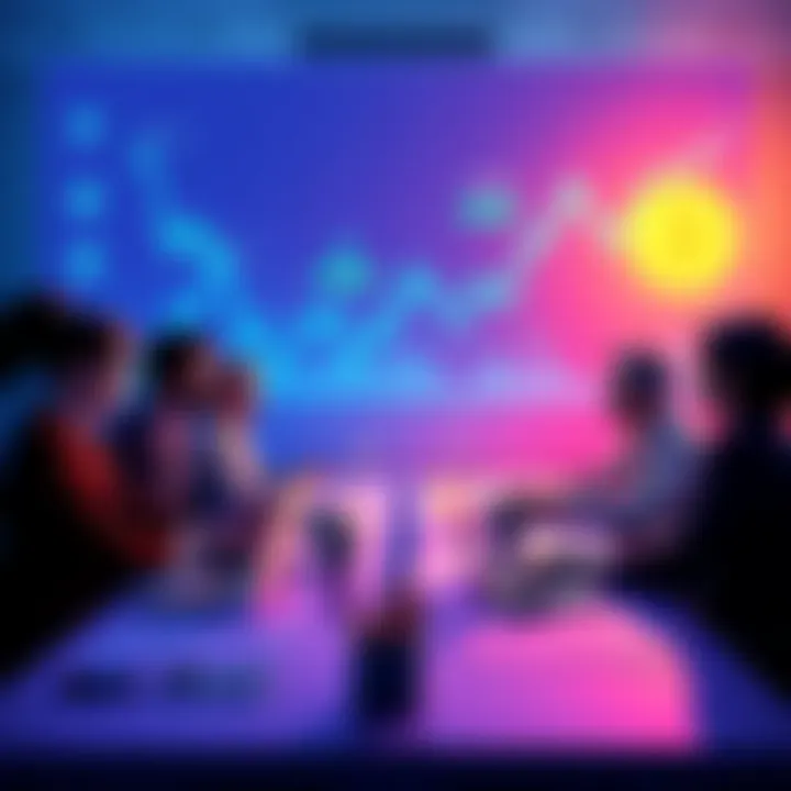 A group of people discussing Bitcoin investments and market trends at a table with charts and laptops