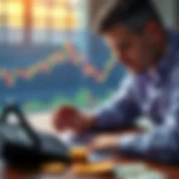 A person looking at a Bitcoin chart with a calculator and money on the table, weighing investment options.