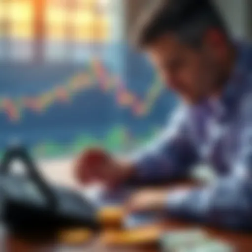 A person looking at a Bitcoin chart with a calculator and money on the table, weighing investment options.