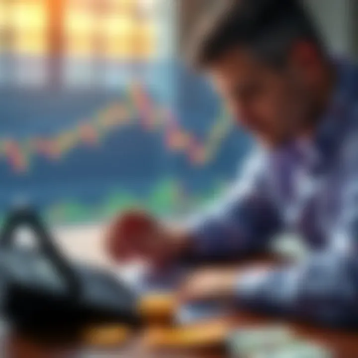 A person looking at a Bitcoin chart with a calculator and money on the table, weighing investment options.